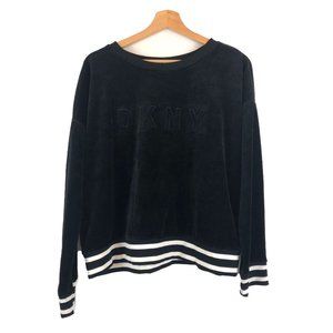 DKNY Sport Black Varsity Stripe Velour Velvet Crew Neck Crop Sweatshirt M